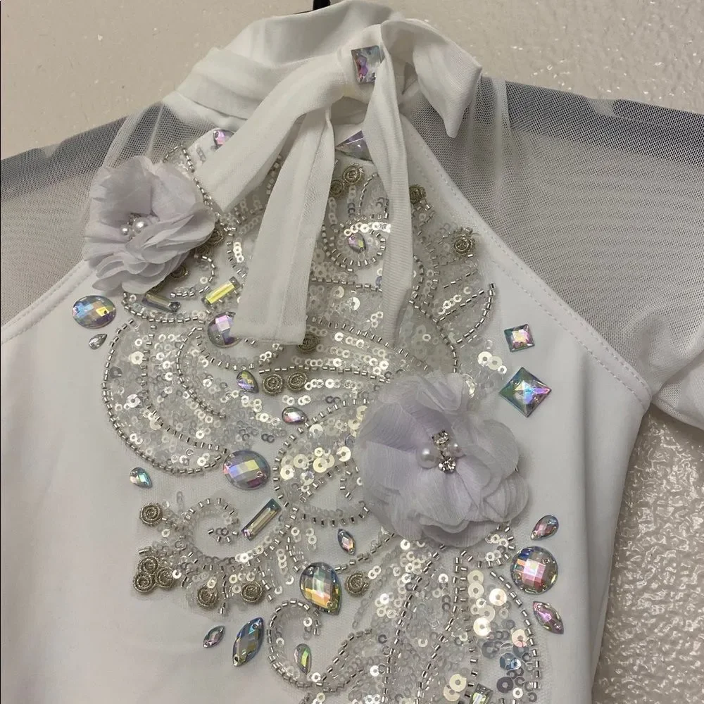 Weissman Balera solo Dance costume white custom poet sleeve Leotard MT11449 SC 6